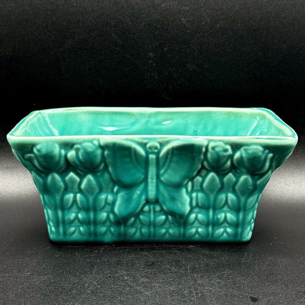 Vintage 1956 Pottery Butterfly Planter Cottagecore Turquoise Blue Window Box MCM